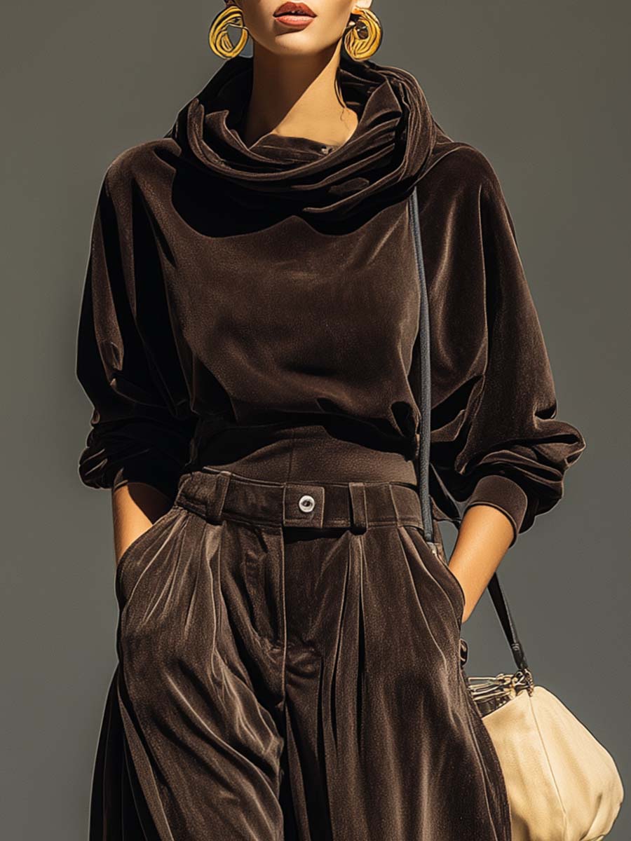 Vintage brown velvet hoodie and loose-fitting trousers set