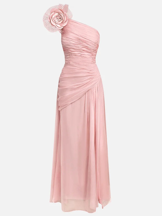 Pink Removable 3D Floral Chiffon One Shoulder Sleeveless Sheath Gown Dress
