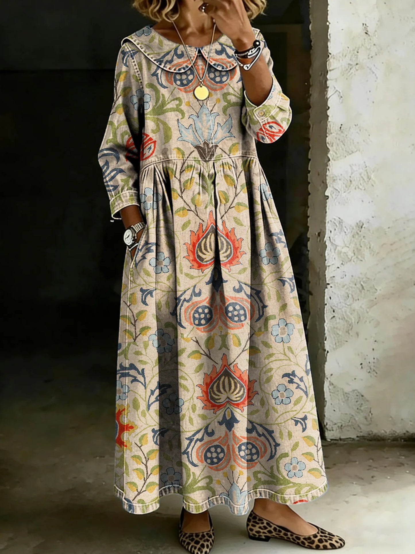 Women's Retro Ethnic Floral Splicing Long-sleeved Loose-fitting Casual Denim Dress
