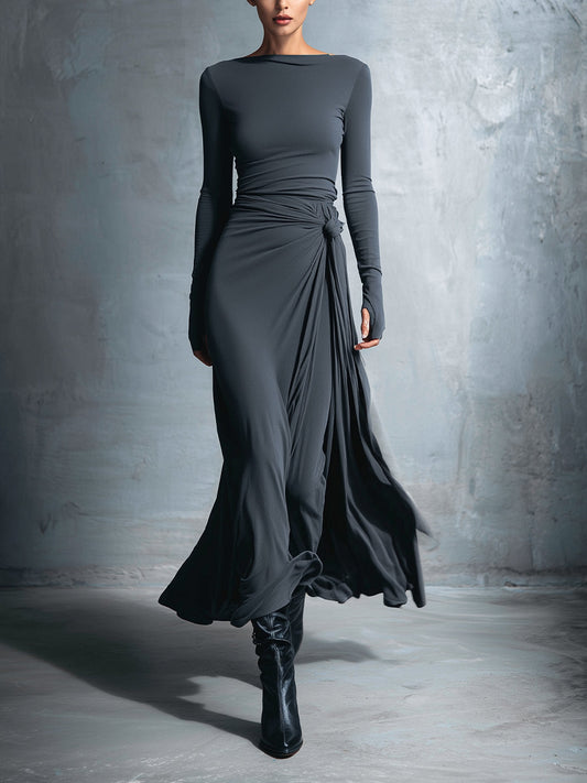 Women's Gray Exquisite Stretch Polyester-Cotton Blend Wrap Dress - Knotted Maxi Dress