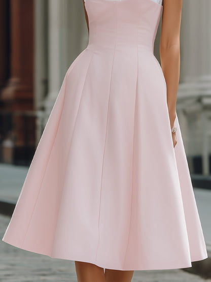 Structured Shirt-Collar Contrast Panel A-Line Midi Dress