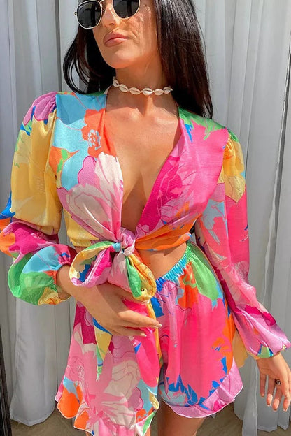 Glowing Girl Abstract Print Tie Front Shorts Suits