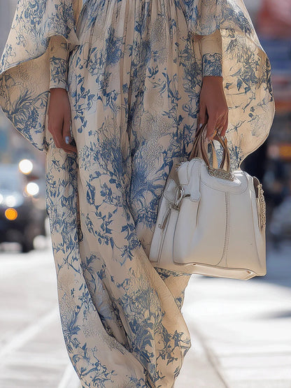Elegant Blue And White Printed Trumpet Sleeve Maxi Dress