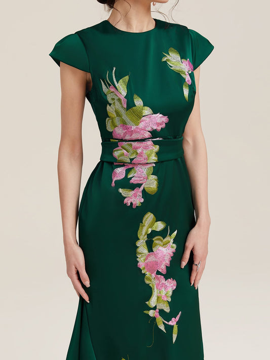 Dark Green Satin Floral Embroidery Cap Sleeve Slit A-Line Maxi Dress