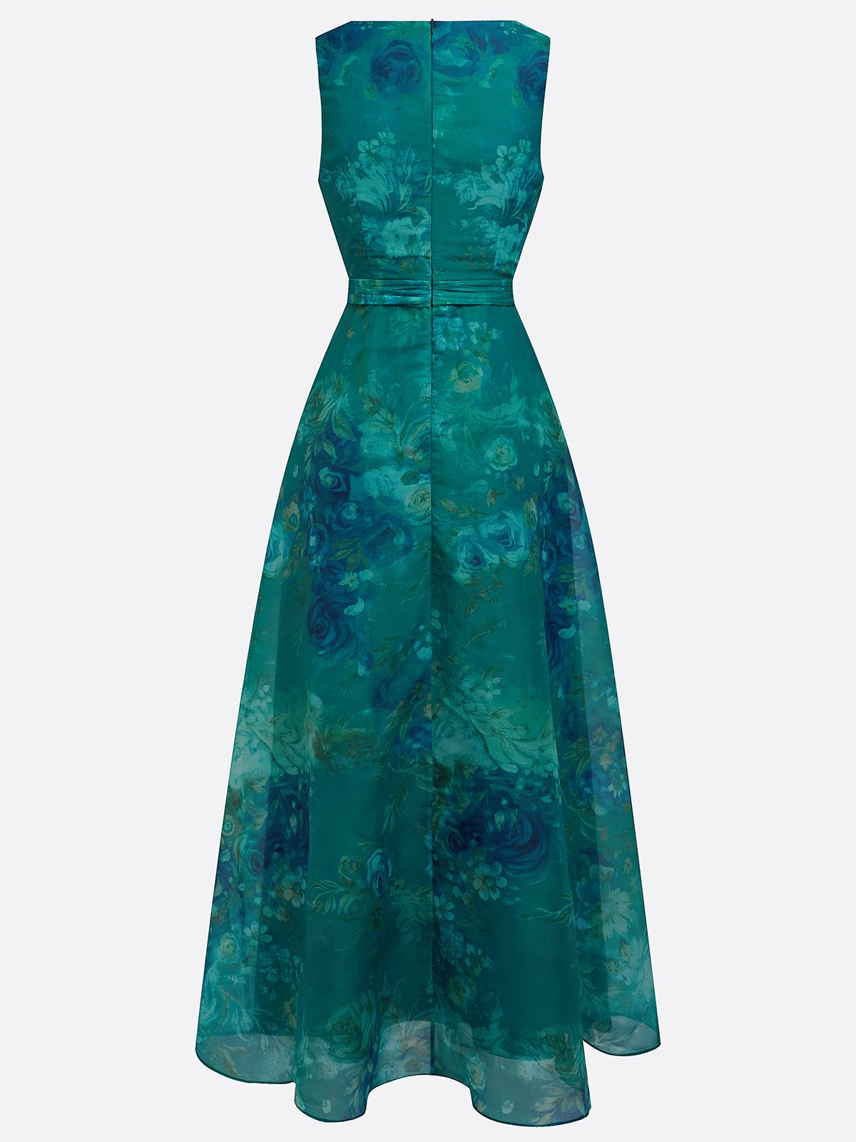 Green Floral Ruched Chiffon V Neck Sleeveless A-Line Maxi Dress