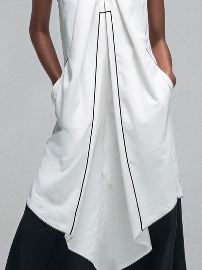 Women’s White Cotton Blend Halter Neck Asymmetrical Tunic Top With Black Contrast Piping MDZ2704D0T