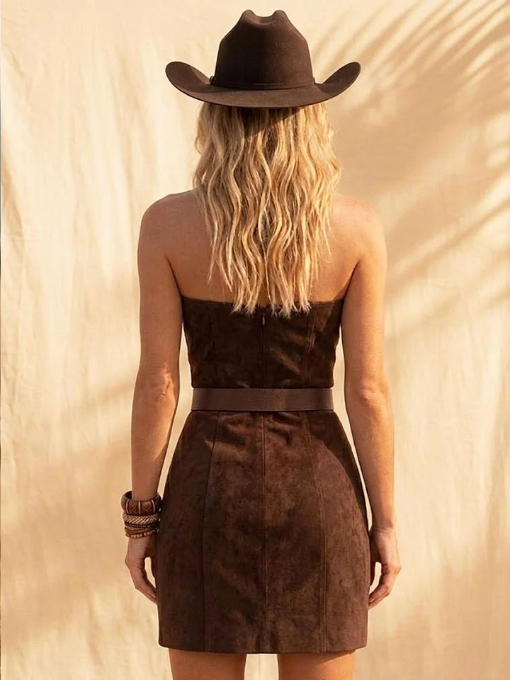 Faux Suede Fringe Dress Women's Western Style Strapless Mini Dress With Belt And Tassel Details