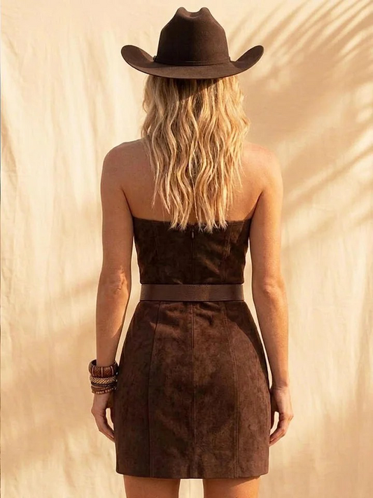 Faux Suede Fringe Dress Women's Western Style Strapless Mini Dress With Belt And Tassel Details