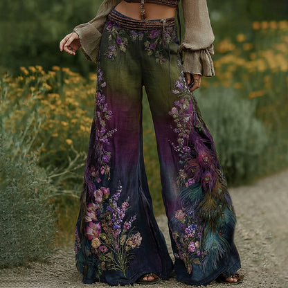 Vintage Classy Gradient Purple Peacock And Floral Embroidered Art Linen Blend Casual Pants