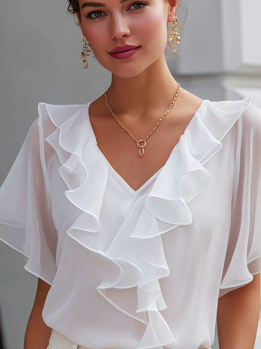 Ruffled V-Neck Sheer Sleeve Blouse