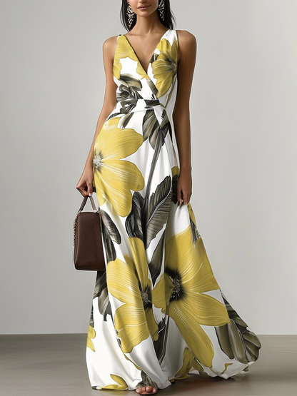 Orange Floral Satin V Neck Sleeveless A-Line Maxi Dress With Pockets