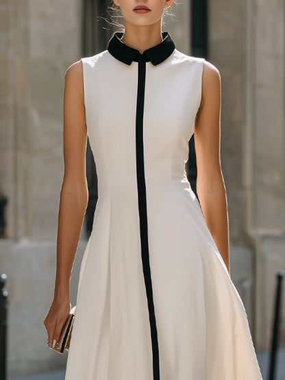 Contrast Trim Sleeveless A-Line Maxi Dress With Structured Collar
