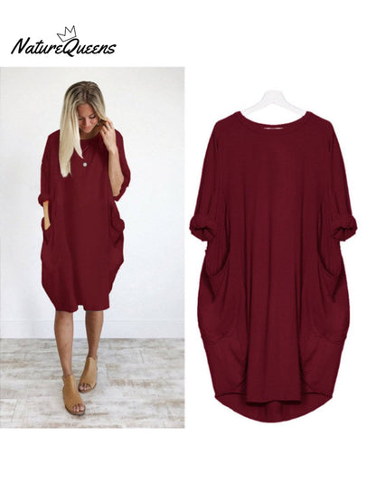 Women's Solid Color Loose Elegant Casual Long-sleeved Pocket Dress