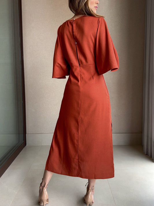 Casual V-neck cotton and linen lace-up dress
