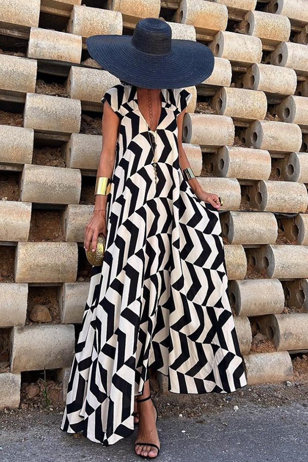 Geometric Print V-Neck Maxi Dress