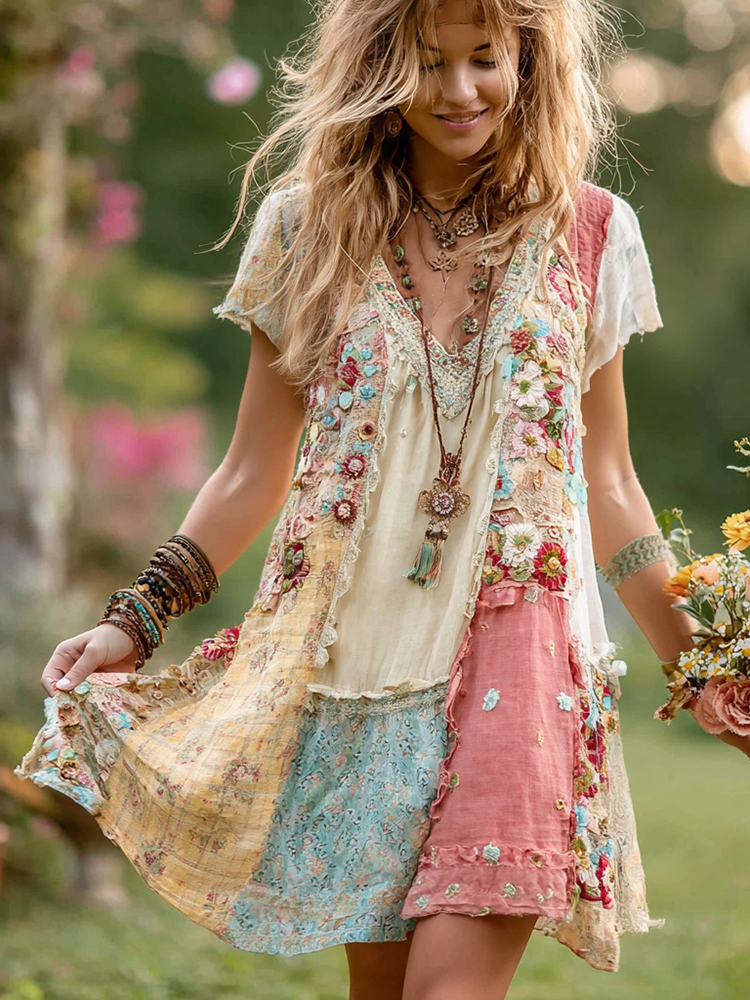 Women's Retro Floral Splicing Cotton And Linen Short Dress 6833