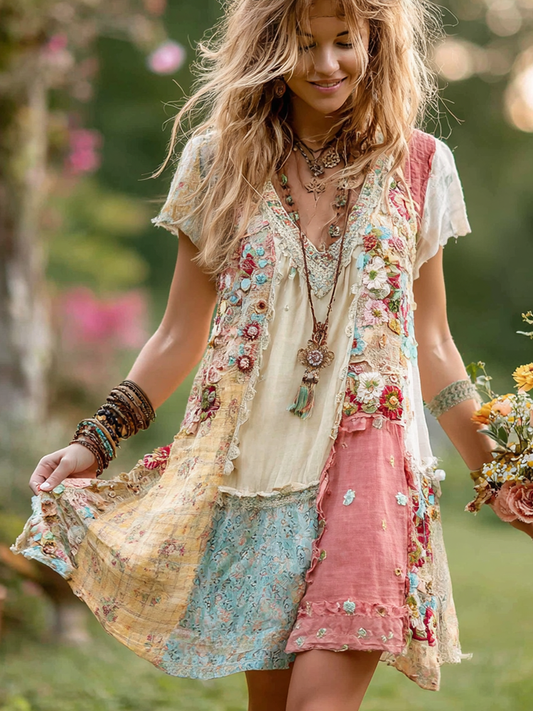 Women's Retro Floral Splicing Cotton And Linen Short Dress 6833