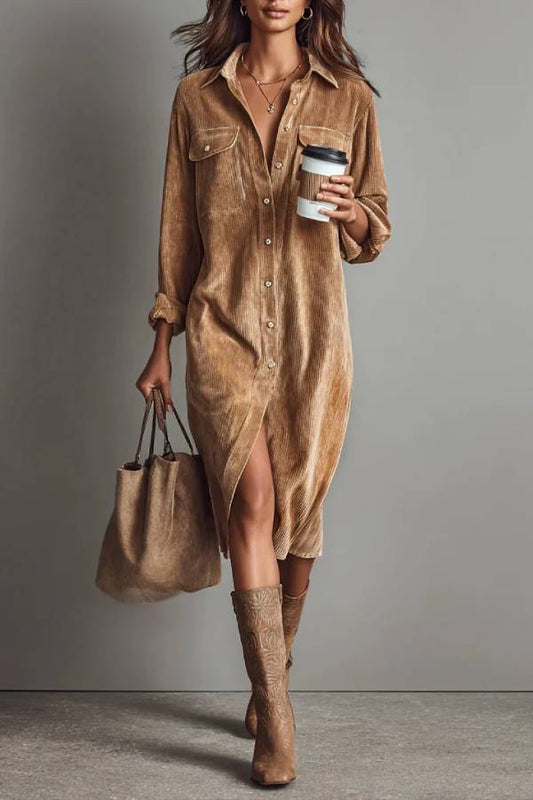 Loose Corduroy Double Chest Pocket Single Breasted Midi Dress