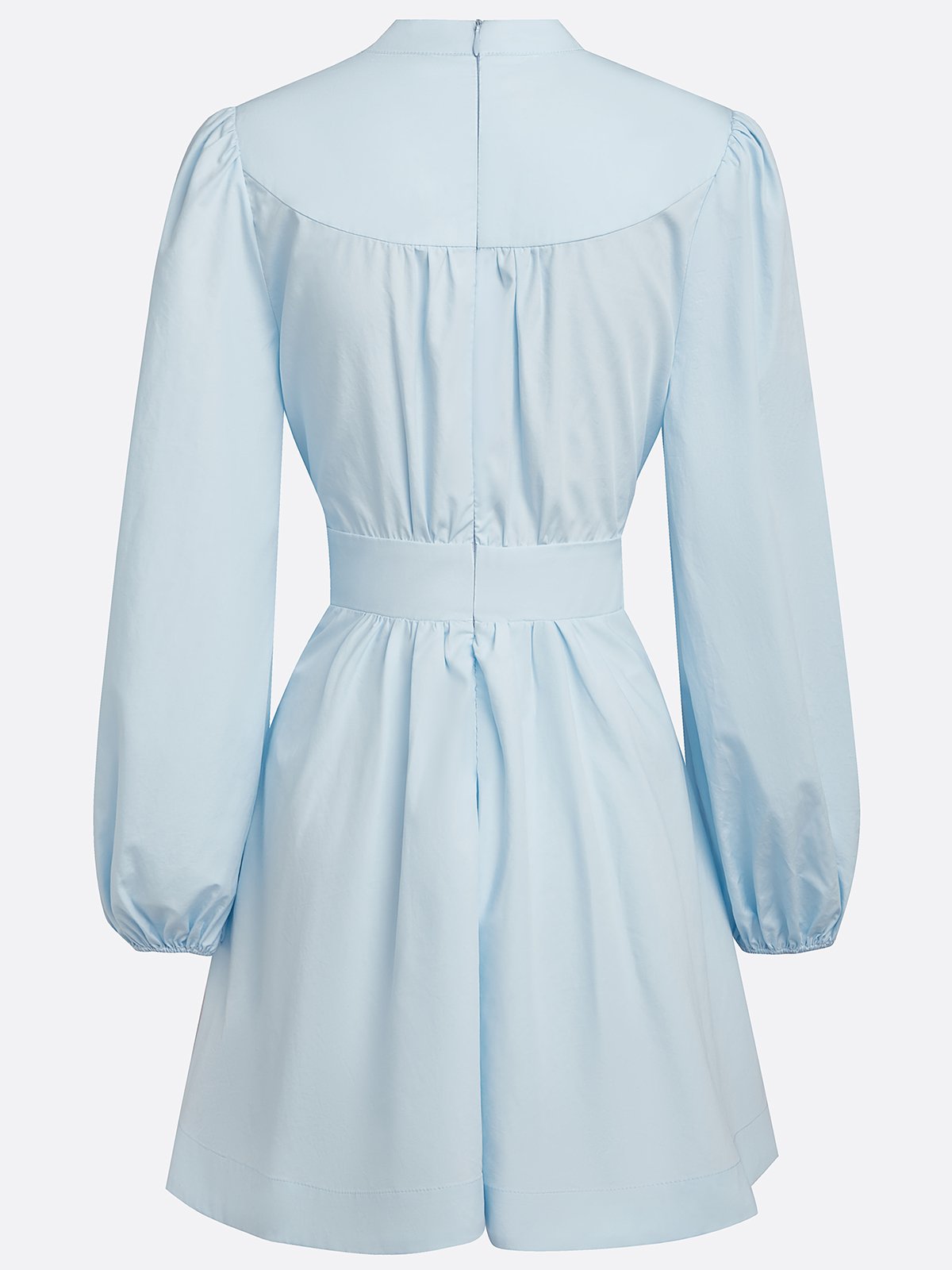 Light Blue Buckle Gathered Cotton V Neck Long Sleeve Balloon Sleeve A-Line Mini Dress