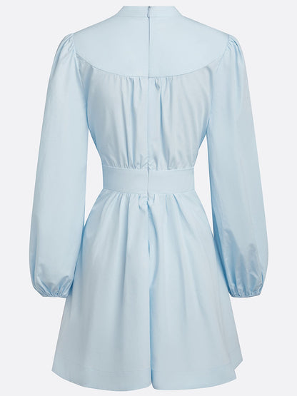 Light Blue Buckle Gathered Cotton V Neck Long Sleeve Balloon Sleeve A-Line Mini Dress