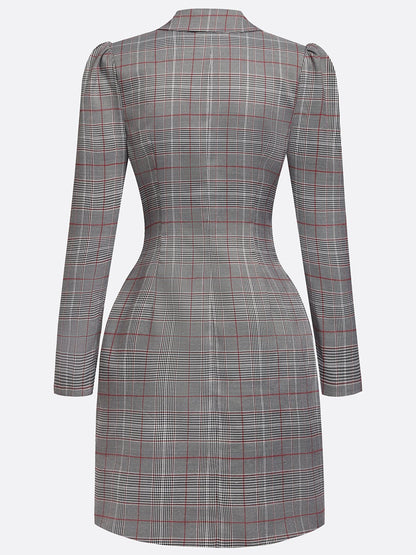 Gray Buckle Shoulder Pad Blazer Lapel Collar Long Sleeve A-Line Mini Dress