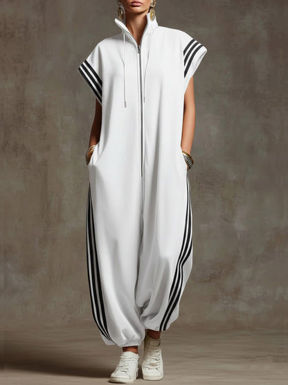 Women's Stand-collar Short-sleeved Casual Loose Cotton Wide-leg Jumpsuit