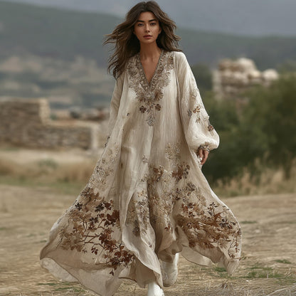 Women's Floral Embroidered Linen Long-sleeved Dress