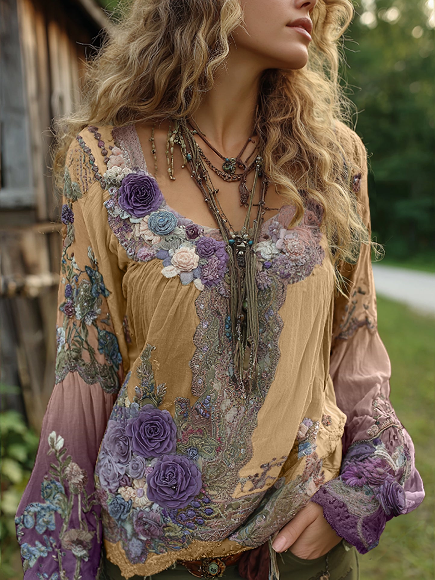 Vintage Purple Lavender And Floral Embroidered Linen Long Sleeve Shirt 0f8d