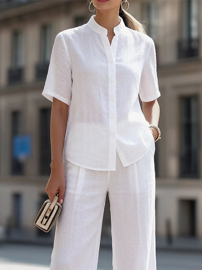 Stand Collar Short-Sleeve Shirt & High-Waisted Wide-Leg Pants Two-Piece Set