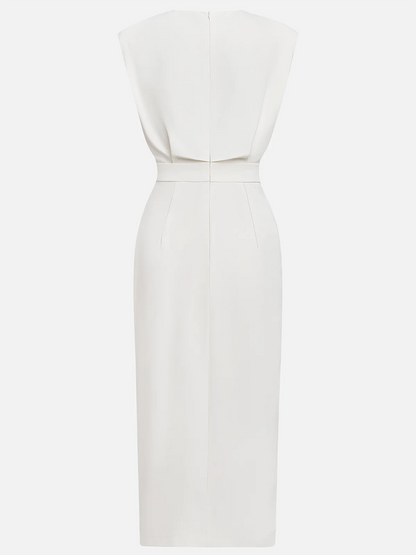 Off White Button Side-Slit Classic Crew Neck Sleeveless Sheath Midi Dress With Pockets