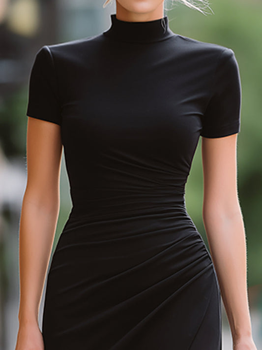 High Neck Ruched Waist Side Slit Bodycon Midi Dress