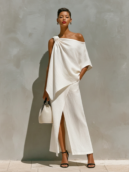 Women's White Linen Asymmetric Top With Knotted One-Shoulder & Draped Detail, Modern Elegant-Resort Style Top MDZ1114D8I