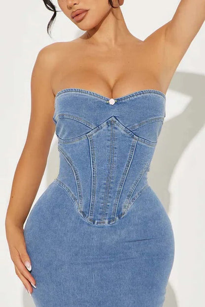 Cutie Denim Rosette Detail Corset Off Shoulder Stretch Maxi Dress