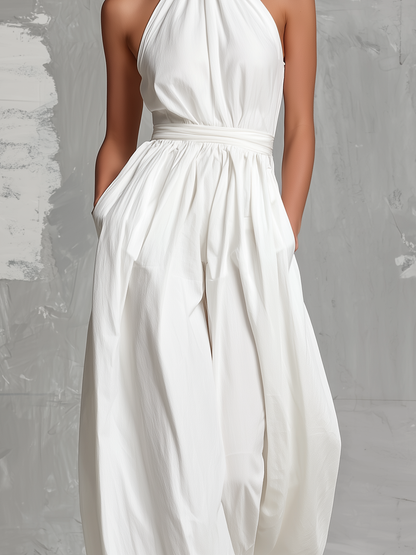 Women's Elegant White Woven Sleeveless Halter-neck Jumpsuit MDZ0554A3AN