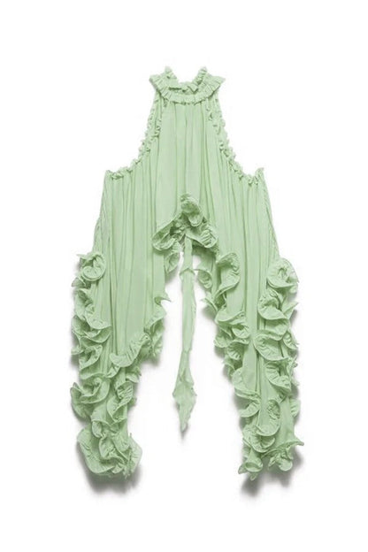 Delicate Romantic Drama Chiffon Wavy Ruffles Halter Irregular A-line Top
