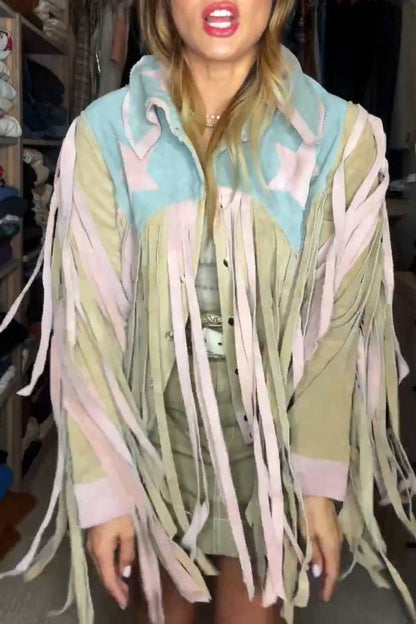 Color-Blocked Fringe Western-Style Jacket