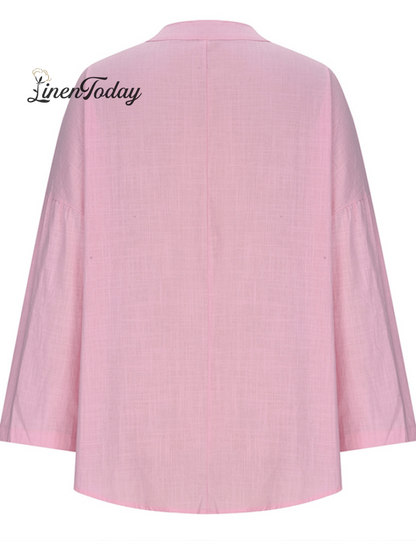 Women's Cotton Long Sleeve Round Neck Solid Color Loose Beach Shirt