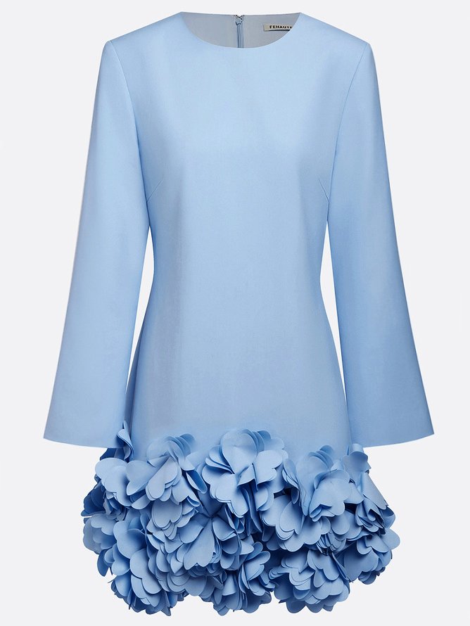 Pink 3D Floral Classic Crew Neck Bell Long Sleeve Shift Mini Dress
