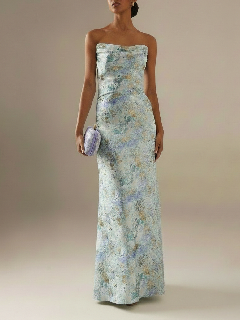 Light Blue Floral Jacquard Satin Strapless Sleeveless Sheath Floor Length Dress