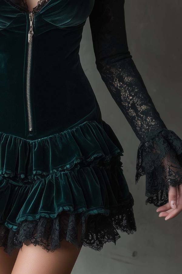 Dark green velvet mini dress with lace sleeves