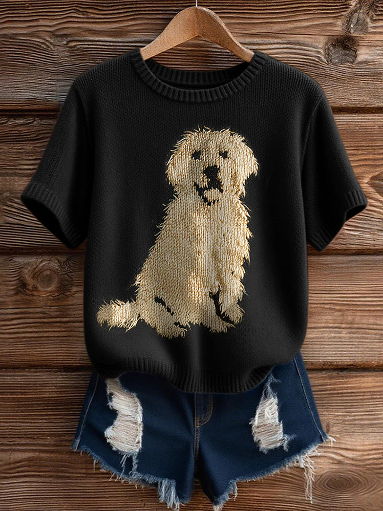 Vintage Classic Fuzzy Golden Retriever Dog Felt  Inspired Short Sleeve Cozy Knit Sweater