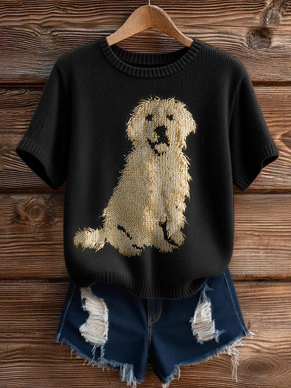 Vintage Classic Fuzzy Golden Retriever Dog Felt  Inspired Short Sleeve Cozy Knit Sweater