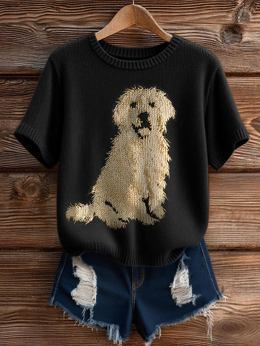 Vintage Classic Fuzzy Golden Retriever Dog Felt  Inspired Short Sleeve Cozy Knit Sweater