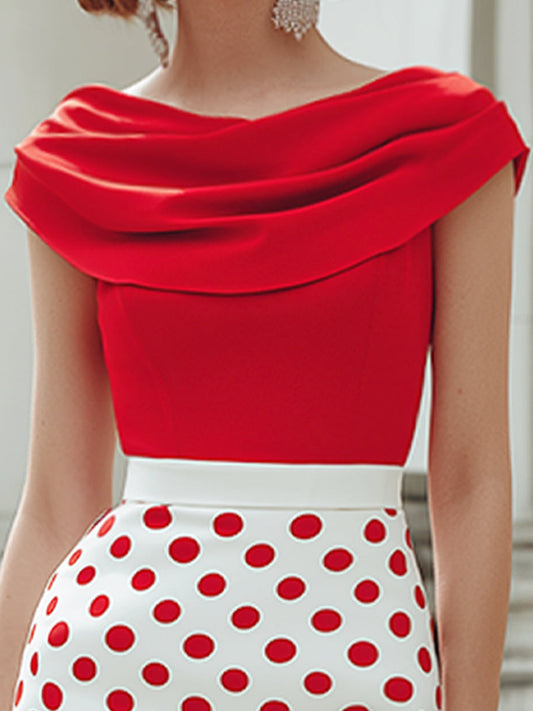 Off-Shoulder Draped Bodice Polka Dot Pencil Midi Dress