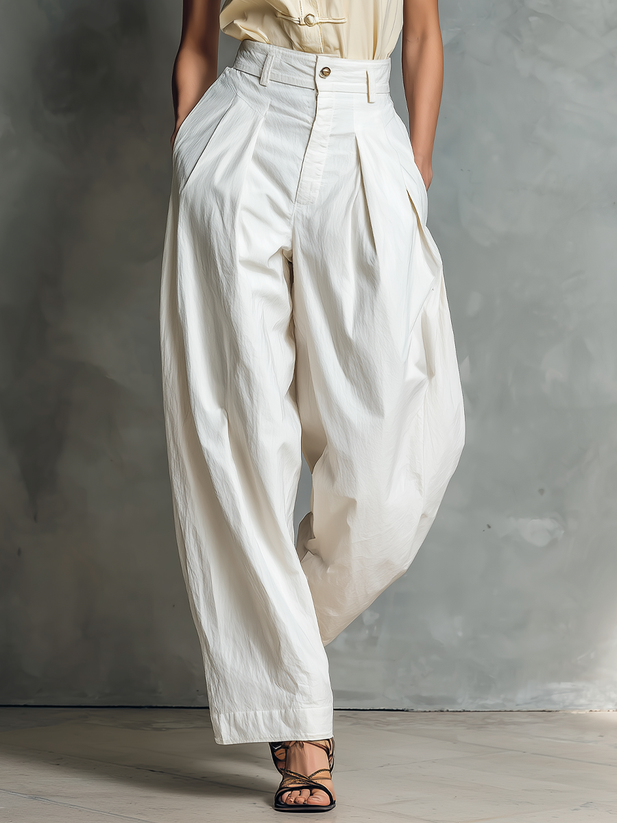 Women’s Cream Sleeveless Frog-Button Blouse & White High-Waisted Pleated Balloon Pants Two-Piece Set With Pockets MDZ2505D7T