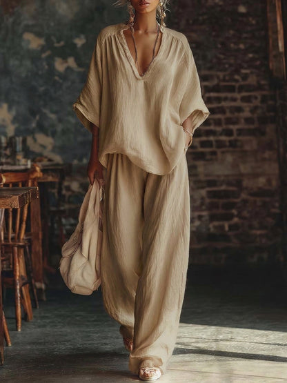 Cozy Minimalist Loose Linen Cotton Two-piece Set