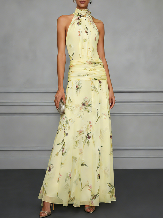 White Ruched Floral Chiffon Halter Neck Sleeveless A-Line Floor-length Gown Dress
