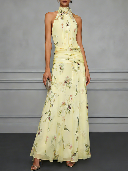 White Ruched Floral Chiffon Halter Neck Sleeveless A-Line Floor-length Gown Dress