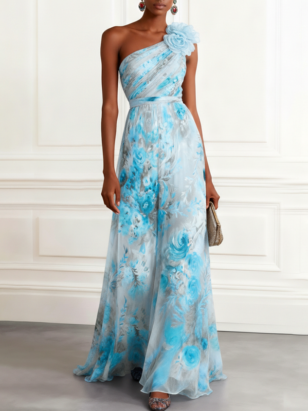 Light Purple 3D Floral Chiffon One Shoulder Sleeveless A-Line Floor-length Gown Dress