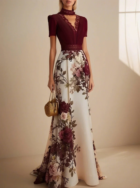Wine Red Lace Floral Satin V Neck Short Sleeve A-Line Maxi Dress